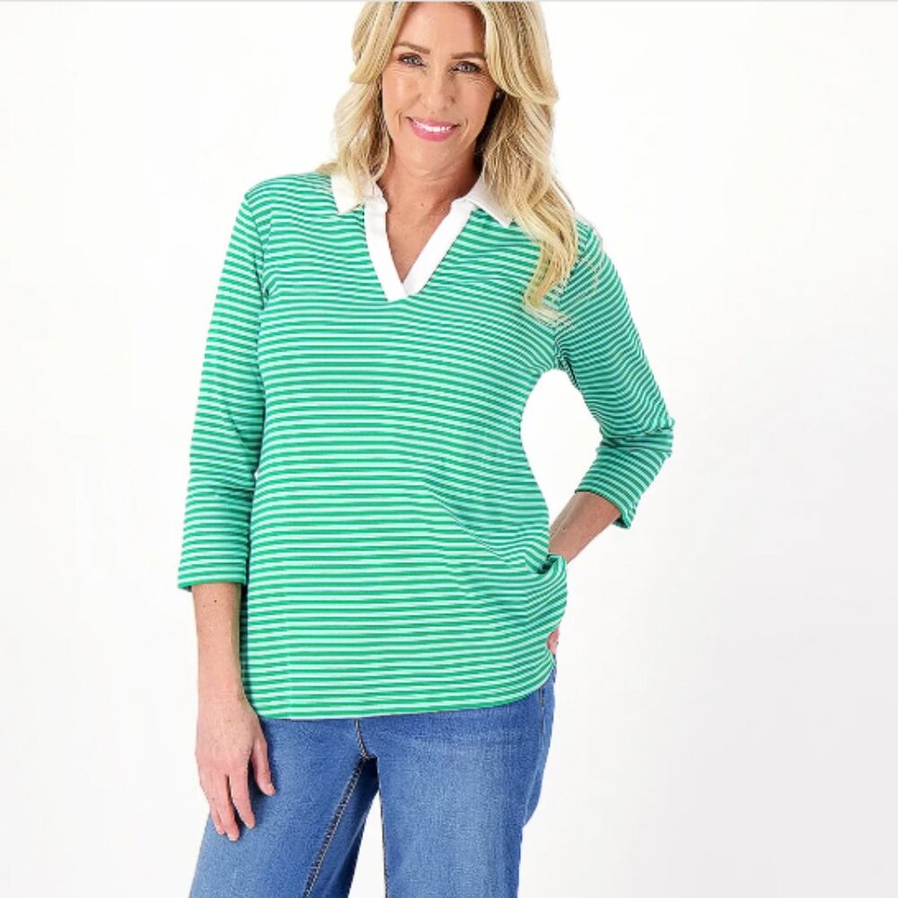 Isaac Mizrahi Top sz 1X Green Striped Pima Cotton Stretch Preppy Popover Office